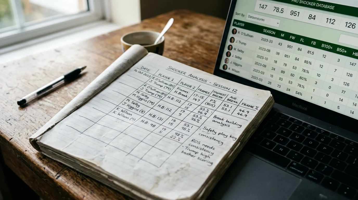Notizbuch mit Spieler-Statistiken neben einem Laptop mit geöffneter Snooker-Datenbank