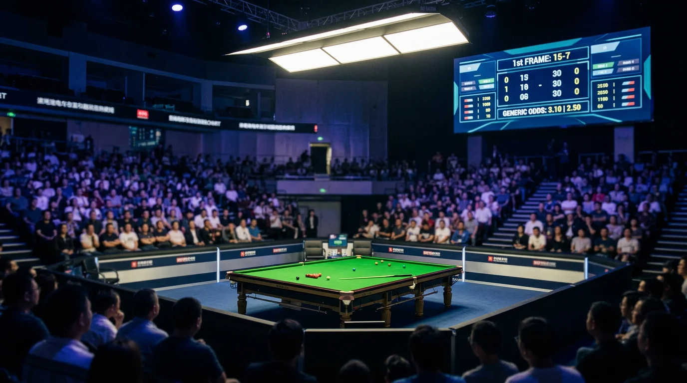 Snooker-Tisch in einer chinesischen Arena mit asiatischem Publikum und einer Anzeigetafel im Hintergrund